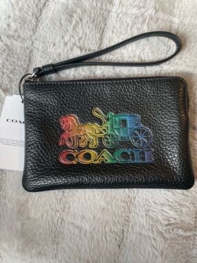 Coach Black Pebbled Leather Wristlet with Rainbow Coach Logo